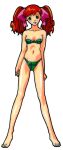  1990s_(style) asahina_yurina barefoot bikini full_body green_bikini green_eyes hair_ribbon highres long_hair looking_at_viewer navel non-web_source official_art open_mouth red_hair retro_artstyle ribbon simple_background strapless strapless_bikini super_real_mahjong swimsuit tanaka_ryou twintails white_background 