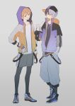 2boys absurdres aoyagi_touya bandaged_hand bandages baseball_cap blonde_hair blue_eyes blue_hair closed_mouth commentary_request dark_blue_hair dot_nose drawstring full_body gloves green_eyes grey_background hand_in_pocket hand_up hat high_collar highres holding hood hood_up hooded_jacket jacket jishio long_sleeves male_focus mole mole_under_eye multicolored_hair multiple_boys official_alternate_costume open_mouth orange_hair project_sekai shinonome_akito shirt short_hair shorts simple_background sleeves_past_elbows standinf streaked_hair suspenders_hanging two-tone_hair white_shirt 