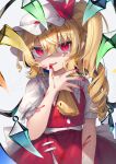  1girl ascot blonde_hair blood blood_on_face blood_on_hands collared_shirt crystal fingernails flandre_scarlet gunjou_row hair_between_eyes hat highres long_hair mob_cap nail_polish one_side_up pointy_ears red_eyes red_nails red_skirt red_vest shaded_face shirt short_sleeves skirt slit_pupils solo tongue tongue_out touhou upper_body vest white_headwear white_shirt wings yellow_ascot 