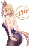  1girl animal_ears ass_grab back black_pantyhose blonde_hair blush bob_cut breasts cleavage closed_mouth commentary_request cowboy_shot detached_collar grabbing_own_ass highres horse_ears horse_girl horse_tail large_breasts looking_at_viewer medium_hair narita_top_road_(umamusume) pantyhose parted_bangs partial_commentary playboy_bunny simple_background solo speech_bubble starheart tail towel umamusume white_background wrist_cuffs yellow_eyes 