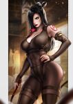  ass assassin avatar:_the_last_airbender avatar_legends black_hair breasts cleavage dandon_fuga green_eyes hair_bun highres holding holding_whip june june_(avatar) pinup_(style) red_lips red_nails thighs 