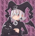  1girl bat_wings black_sweater cheek_pull closed_mouth creature detached_wings earrings hair_between_eyes hat hexagram highres jester_cap jewelry kuro_unyuu large_earrings long_sleeves looking_at_viewer mayura picarucu pink_eyes short_hair solo sweater ukagaka upper_body white_hair wings wrist_belt 