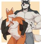  &lt;3 2023 abs absurd_res anthro athletic athletic_anthro athletic_male barely_visible_genitalia barely_visible_penis biped black_body black_fur blush bodily_fluids bottomless bottomless_anthro bottomless_male canid canine claws clothed clothing digital_media_(artwork) duo elvis_(gakujo) finger_claws fox fur gakujo genitals hi_res male male/male mammal muscular muscular_anthro muscular_male mustang_(gakujo) orange_body orange_fur pecs penis smile sweat white_body white_fur 