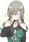  1girl absurdres bare_shoulders blush brown_hair cleavage_cutout clothing_cutout dress green_background green_dress green_eyes hair_between_eyes hair_ornament hairclip highres honkai:_star_rail honkai_(series) long_hair mango_(mgo) one_eye_closed qingque_(honkai:_star_rail) shoulder_cutout simple_background smile solo sparkle twintails upper_body 