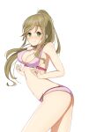  1girl absurdres bikini breasts brown_hair cleavage cowboy_shot green_eyes highres inuyama_aoi large_breasts long_hair looking_at_viewer pink_bikini ponytail simple_background solo swept_bangs swimsuit thick_eyebrows white_background yasuc yurucamp 
