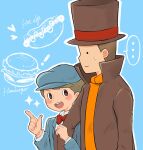  ... 2boys :d arm_grab black_eyes blue_background blue_headwear blue_jacket blush bow bowtie brown_hair brown_headwear brown_jacket brown_vest burger cabbie_hat collared_shirt commentary_request english_text excited food hand_up hands_up hat heart hershel_layton high_collar highres hot_dog jacket kiwami_(kiwamimuneko) long_sleeves looking_at_another luke_triton male_focus multiple_boys open_clothes open_jacket open_mouth orange_sweater outline professor_layton red_bow red_bowtie shirt short_hair smile sparkle spoken_ellipsis sweatdrop sweater top_hat upper_body v-shaped_eyebrows vest white_outline white_shirt 