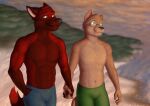  anthro beach blaze_wolf canid canine canis domestic_cat duo eyewear felid feline felis glasses hand_holding hileksel jackaloo jesse_cat looking_at_another looking_at_partner male mammal sand sea seaside walking water wolf 