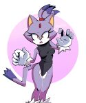  absurd_res anthro blaze_the_cat breasts clothed clothing domestic_cat fangs felid feline felis female gloves handwear hi_res leotard mammal partially_clothed purple_body sega simple_background solo sonic_the_hedgehog_(series) tail teeth yellow_eyes zettoart 