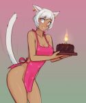  absurd_res animal_humanoid apron apron_only breasts cake candle cat_humanoid cleavage clothed clothing dessert ear_piercing ear_ring felid felid_humanoid feline feline_humanoid female food grey_eyes hi_res holding_object humanoid mammal mammal_humanoid mostly_nude piercing raised_tail ring_piercing scorpdk solo tail 