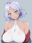  1girl :p ahoge aqua_eyes bare_shoulders blush breasts closed_mouth collarbone dark-skinned_female dark_skin grey_background grey_hair gundam gundam_suisei_no_majo impossible_clothes large_breasts looking_at_viewer mikagami_sou off_shoulder parted_bangs secelia_dote short_hair simple_background smile solo tongue tongue_out upper_body 
