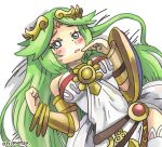  1girl armlet blush breasts commentary_request diadem dress forehead_jewel green_eyes green_hair jewelry kid_icarus kid_icarus_uprising long_hair looking_at_viewer lying onimotsu_matarou palutena pendant shield signature solo strapless strapless_dress sweat thighhighs vambraces 