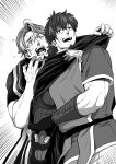  2boys bags_under_eyes bara cape cheekbones duryodhana_(fate) emphasis_lines facial_hair fate/grand_order fate_(series) fingerless_gloves fingernails gloves goatee greyscale haruto_(hit23ewluvnpfo6) hector_(fate) hiding hiding_behind_another highres male_focus mature_male monochrome multiple_boys open_mouth ponytail scared short_hair short_sleeves simple_background sweat sweatdrop tabard tears teeth veins veiny_hands 