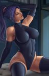  1girl black_gloves black_leotard bleach breasts closed_eyes covered_navel elbow_gloves flowerxl gloves indoors large_breasts leotard long_hair ponytail shihouin_yoruichi solo thighhighs 