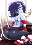  1girl ass back bare_shoulders feet leviathan_(skullgirls) looking_at_viewer mutsuki_(pixiv116518) red_eyes skullgirls smile socks solo squigly_(skullgirls) toes zombie 