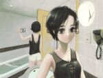  1girl absurdres bathroom black_eyes black_hair black_shirt cellphone highres holding holding_phone indoors okura_lino original phone reflection scenery selfie shirt short_hair shorts sink sleeveless sleeveless_shirt smartphone solo white_shorts 