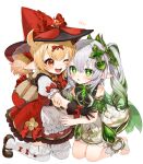  2girls black_gloves blonde_hair bow bow_legwear brown_footwear chestnut_mouth cross-shaped_pupils dress full_body genshin_impact glove_bow gloves gotou_(nekocat) gradient_hair green_eyes green_hair grey_hair hair_between_eyes hair_bow hat hat_bow highres klee_(blossoming_starlight)_(genshin_impact) klee_(genshin_impact) long_hair looking_at_another multicolored_hair multiple_girls nahida_(genshin_impact) official_alternate_costume one_eye_closed open_mouth pointy_ears red_bow red_dress red_eyes red_headwear short_sleeves side_ponytail simple_background smile stirrup_footwear symbol-shaped_pupils teeth thighhighs toeless_footwear twintails vision_(genshin_impact) white_background white_thighhighs witch_hat 