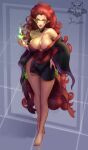  1girl absurdres areola_slip bare_legs bare_shoulders barefoot black_robe breasts commission fingernails fire full_body glowing green_eyes green_fire hand_on_hip highres juanmanuel_leguizamon large_breasts long_hair looking_at_viewer off_shoulder pointy_ears red_hair red_nails robe shadow sharp_fingernails smile solo standing tile_floor tiles very_long_hair wuya xiaolin_showdown 