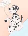  2023 adam&#039;s_apple anthro belly_nipples black_body black_fur black_nose bluekyokitty blush bodily_fluids canid canine canis cross_(marking) dalmatian digital_drawing_(artwork) digital_media_(artwork) domestic_dog drooling english_text flat_colors fur half-closed_eyes handpaw handwritten_text hi_res looking_back male mammal narrowed_eyes nipples nude paws pink_blush pink_tongue pregnant pregnant_male raised_tail saliva sebdoggo simple_background sitting solo spots spotted_body spotted_fur sweat tail text tongue tongue_out trans_(lore) trans_man_(lore) whiskers white_body white_fur 