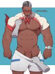  1boy abs bara bare_pectorals beard black_hair blush buzz_cut clothes_lift dark-skinned_male dark_skin disembodied_limb ear_blush english_text facial_hair feet_out_of_frame grey_hair highres large_pectorals male_focus mardock_(pokemon) mature_male multicolored_hair muscular muscular_male muto20002 navel nipples no_male_underwear nose_blush pectorals penis penis_peek pokemon pokemon_(anime) shirt shirt_lift short_hair short_sleeves sideburns solo standing stomach thick_eyebrows thick_thighs thighs two-tone_hair undressing_another veins veiny_penis very_short_hair watch white_shirt wristwatch 