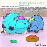  bad_roomie blonde_hair blue_body blue_fur blueberry_(disambiguation) bowl breasts container duo english_text feces female feral fluffy_pony fur hair hi_res kibble male pregnant purple_hair scat text 