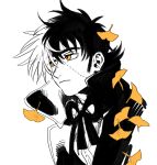  1boy alternate_eye_color black_jack_(character) black_jack_(series) closed_mouth coat collared_shirt expressionless falling_leaves ginkgo_leaf highres leaf looking_away male_focus mame_moyashi monochrome multicolored_hair neck_ribbon orange_eyes ribbon scar scar_on_face shirt short_hair sideways_glance simple_background solo split-color_hair spot_color white_background 