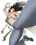  1girl abs breasts breikka chun-li cleavage crop_top earrings fighting_stance jewelry kicking long_hair official_alternate_costume official_alternate_hairstyle open_mouth shoes simple_background sleeveless sneakers solo street_fighter street_fighter_6 white_background 