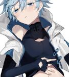  1boy bishounen black_shirt blue_eyes blue_hair blush chinese_clothes chongyun_(genshin_impact) genshin_impact jacket male_focus midriff shirt short_hair simple_background sweat white_background white_jacket yoko_(nz_g) 