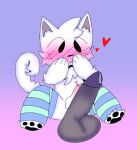  anthro balls berryjuuce blush bodily_fluids boy_kisser_(meme) clothing covering covering_mouth erection fur genital_fluids genitals girly legwear male male/male nude paws penis precum simple_background solo tail white_body white_fur 