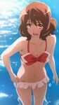  1girl bikini blush bow bow_bikini breasts brown_eyes brown_hair cleavage collarbone frilled_bikini frills hair_between_eyes hibike!_euphonium highres navel oumae_kumiko outdoors partially_submerged short_hair small_breasts solo splashing stomach swimsuit usagihop wading water wavy_hair wavy_mouth wet 