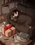  1girl black_hair black_shirt blanket book bookshelf box christmas closed_eyes commentary_request couch cup damaged from_above gift gift_box highres indoors knife long_hair long_sleeves lying mug on_couch on_side original paper pen pillow planted planted_knife shirt sleeping solo table takurada 