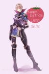  1boy armor blonde_hair book capelet dated fire_emblem fire_emblem_fates hairband happy_birthday highres holding holding_book leo_(fire_emblem) male_focus mirin. red_eyes short_hair solo tomato 