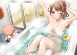  1girl alcohol arm_up armpits bare_legs bath bathing bathroom bathtub beer beer_can belly blush breasts brown_eyes brown_hair can closed_mouth convenient_censoring door doushimasho glass_door large_breasts legs navel nose_blush one_eye_closed original partially_submerged ponytail rubber_duck steam steam_censor stretching stuffed_animal stuffed_toy towel towel_rack water wet 