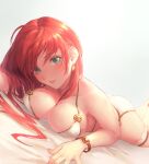  1girl ahoge ass bare_shoulders bikini blush boudica_(fate) bracelet breast_press breasts cleavage earrings fate/grand_order fate_(series) green_eyes highres jewelry large_breasts long_hair looking_at_viewer lying on_stomach open_mouth otsukemono red_hair solo swimsuit thigh_strap white_bikini 