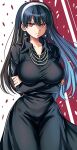  1girl alternate_costume angry black_dress black_hair breasts dress earrings empty_eyes fubuki_(one-punch_man) hair_ornament hairband highres jewelry large_breasts long_hair long_sleeves looking_at_viewer maroonabyss one-punch_man red_eyes skin_tight solo spy_x_family yor_briar 