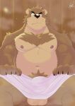  2022 anthro areola balls bear biceps bodily_fluids brown_body brown_fur bulge butt digital_media_(artwork) eyebrows fur genitals hi_res looking_at_viewer male mammal musclegut muscular muscular_anthro muscular_male muscular_thighs navel nipples pubes quads sauna signature sitting solo steam sweat tan_body tan_fur thick_thighs towel towel_around_waist towel_only zen_crael 