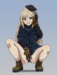  1girl :d ass bangs bare_legs black_headwear black_panties blonde_hair blue_capelet blue_jacket brown_footwear brown_gloves capelet commentary_request fate_(series) fur_collar gloves gradient_background hand_up highres jacket long_hair lord_el-melloi_ii_case_files lower_teeth_only nomanota panties reines_el-melloi_archisorte shiny_skin smile solo squatting teeth tongue underwear v 