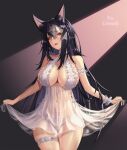  1girl animal_ear_fluff animal_ears bare_shoulders black_hair blush breasts brown_eyes cleavage commission cowboy_shot dress drooling highres large_breasts lips long_hair looking_at_viewer mad_kimo navel open_mouth original panties saliva see-through skirt_hold sleeveless sleeveless_dress solo thigh_gap thigh_strap underwear very_long_hair white_dress white_panties wrist_cuffs 