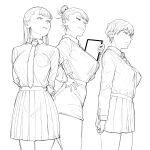  3girls absurdres arms_behind_back breasts hair_bun hand_on_own_hip highres holding holding_tablet_pc huge_breasts large_breasts lineart long_hair miniskirt monochrome multiple_girls necktie original pencil_skirt pleated_skirt setouchi_mao short_hair single_hair_bun skirt smile tablet_pc 