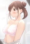  1girl absurdres blush bra breasts brown_hair cleavage collarbone double_bun embroidered_bra hair_bun highres idolmaster idolmaster_shiny_colors indoors kijibato_123-gou large_breasts looking_ahead pink_bra signature solo sonoda_chiyoko sweat twintails underwear undressing upper_body 