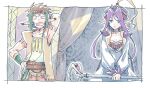  1boy 1girl blue_eyes brown_hair closed_mouth dress earrings grandia grandia_i hat jewelry liete_(grandia) long_hair michibata_65 open_mouth pointy_ears protected_link purple_hair rapp_(grandia) tattoo weapon 