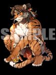  1boy abs acrylic_stand alcohol arknights bara black_background bulge clenched_teeth cup facial_hair full_body furry furry_male goatee headband highres holding holding_cup huai_tianpei_(arknights) large_pectorals loincloth looking_at_viewer male_focus mature_male muscular muscular_male mutton_chops nipples one_eye_closed orange_fur pectorals pelvic_curtain ppyong sample_watermark short_hair solo squatting stomach striped_fur sweat teeth thick_eyebrows tiger_boy topknot topless_male very_sweaty wine 