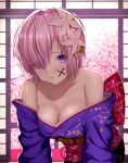  1girl absurdres back_bow bare_shoulders bow breasts cherry_blossoms cleavage collarbone facial_mark fate/grand_order fate_(series) floral_print flower hair_flower hair_ornament hair_over_one_eye happy_new_year highres indoors japanese_clothes kimono leaning_forward looking_at_viewer mash_kyrielight mash_kyrielight_(grand_new_year) medium_breasts new_year obi off_shoulder official_alternate_costume pink_hair pink_sash print_kimono purple_eyes purple_kimono sash solo sou_skate714 white_flower 