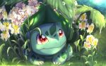  bulbasaur claws closed_mouth commentary_request day flower grass looking_up outdoors pokemon pokemon_(creature) rain red_eyes smile uyumaru_art water_drop 