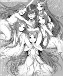  6+girls closed_eyes dress firework_background fireworks go-toubun_no_hanayome greyscale highres long_dress long_hair monochrome multiple_girls nakano_ichika nakano_itsuki nakano_miku nakano_nino nakano_rena nakano_yotsuba shirt twitter_username very_long_hair white_dress white_shirt yu_(flowerbird3830) 