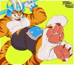  armband armor claws clothed clothing feet felid foot_fetish foot_focus headgear helmet hi_res holding_object male mammal pantherine paws showing_paws smile solo spiked_armband spikes stripes tail terryskaii_(artist) tiger toe_claws 