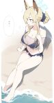  1girl animal_ears bare_arms bare_legs bare_shoulders barefoot beach bikini blonde_hair blue_archive blue_bikini blue_eyes blue_halo blush breasts cleavage collarbone commentary_request extra_ears flying_sweatdrops halo highres kanna_(blue_archive) large_breasts legs long_hair makkurourufu navel ocean open_mouth soaking_feet solo speech_bubble swimsuit toenails toes 