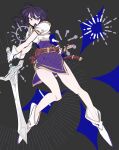  1girl absurdres armor bare_legs belt black_hair boots closed_mouth diamond_(shape) earrings fire_emblem fire_emblem:_genealogy_of_the_holy_war gloves highres holding holding_sword holding_weapon jewelry larcei_(fire_emblem) meekatsumee purple_eyes purple_tunic short_hair shoulder_armor sidelocks simple_background skirt smile solo sword tunic weapon 