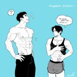  2boys ? abs bara blush closed_mouth clothes_lift english_text hands_on_own_hips kashikahaya large_pectorals looking_at_another male_focus multiple_boys muscular muscular_male navel nipples open_mouth original pants pectorals short_hair shorts smile tank_top topless_male 