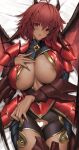  abs armor breasts censored dakimakura_(medium) dark-skinned_female dark_skin demon_girl demon_horns demon_wings heart heart_censor horns large_breasts lying navel nipples on_back original red_eyes red_hair shoulder_armor tony_guisado torn_clothes wings 