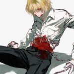 1boy black_pants blonde_hair blood blood_on_clothes chain chained collared_shirt huangdanlan hunter_x_hunter kurapika male_focus on_floor pants red_eyes shirt short_hair solo white_background white_shirt 